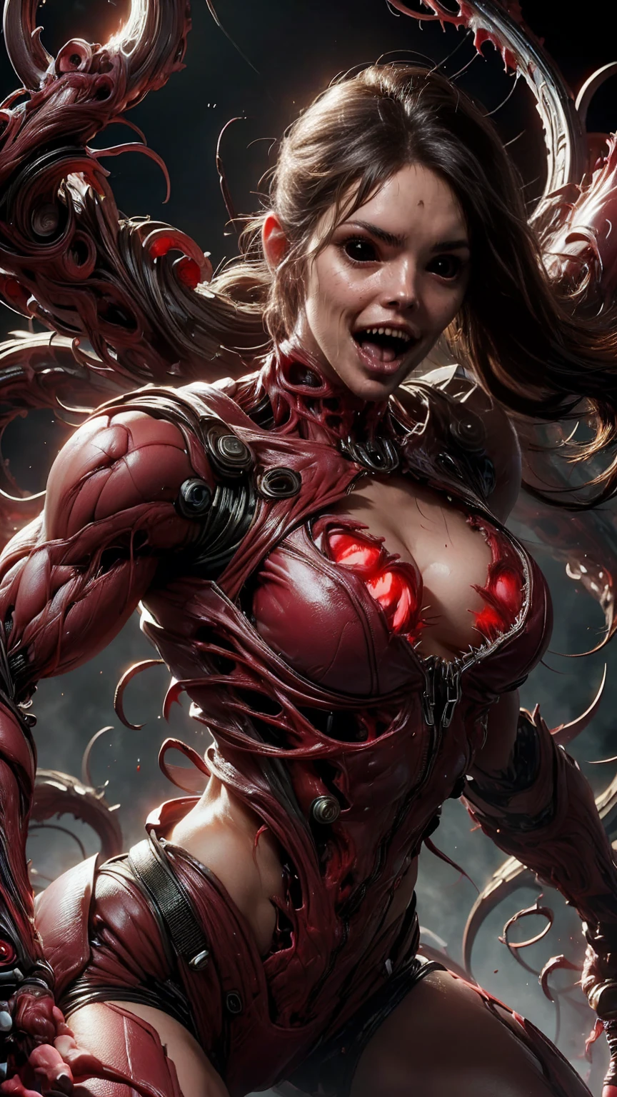 (beautiful girl face:1.45), megan fox as a vampiric muscular red carnage, (mouth wide open with tongue out:1.25), (red carnage anatomic muscular bio-mecha muscle suit:1.25), (body totally covered in muscles, veins, tendons), (perfect muscular anatomy),