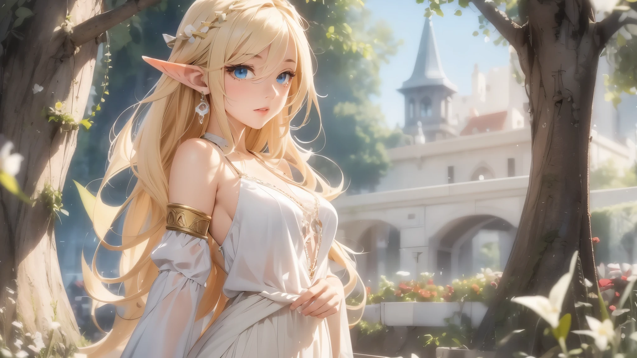 1 girl, Beautiful elf lady, blonde Long straight hair, upturn elf pointy ears, sexy figure, hot body, very beautiful face, detailed face, delicate eyes, detailed pupil, beautiful and delicate lips, blush, shy, heart, in love, white camisole long skirt, Simple and stylish, small crystal earrings, hand drawn animation, high detailed, outdoor, symmetrical clothes, best quality, masterpiece, retina,