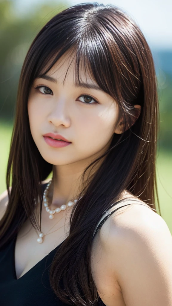 (highest quality、High resolution、masterpiece:1.3)、tall and cute woman、big and full breasts、loose wavy dark brown hair、brain out、necklace、white bikini、(background coast)、Precisely expresses details such as face and skin texture、detailed eye、double eyelid、light smile、whole body、short cut hair、Upper body