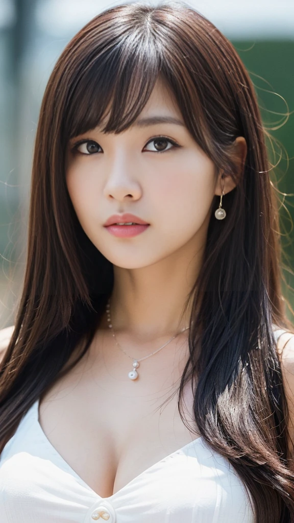 (Highly detailed CG Unity 8k wallpaper)、(masterpiece)、(Highest quality)、(Super detailed)、(Best illustrations)、(Best Shadow)、Ultra-high resolution、(Real、Photorealistic:1.2)、(Kyoko Otonashi of the Reiwa Era:1.4)、(Long hair with bangs that fall on the forehead:1.4)、(Large Breasts:1.2)、(Wearing black attire for memorial services:1.2)、(One Piece Mourning:1.2)、(Pearl Necklace:1.4)、(Temple:1.2)、(Thin lip:1.4)、The posture is relaxed、Using lighting and shadows、Emphasizing three-dimensionality and realism、Please express natural light reflection、Puffy eyes、Close-up、Cloudy soft light、(Upper Body:1.4)