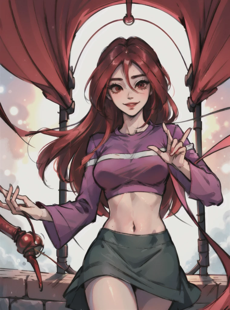 (Masterpiece, Best Quality), 1 girl,willpower_water, Red hair, long hair, 21 years,  psychopath, evil smile, Red eyes, Looking down at the viewer, Shirt and skirt, view of underwear, yandere, point of view from below
