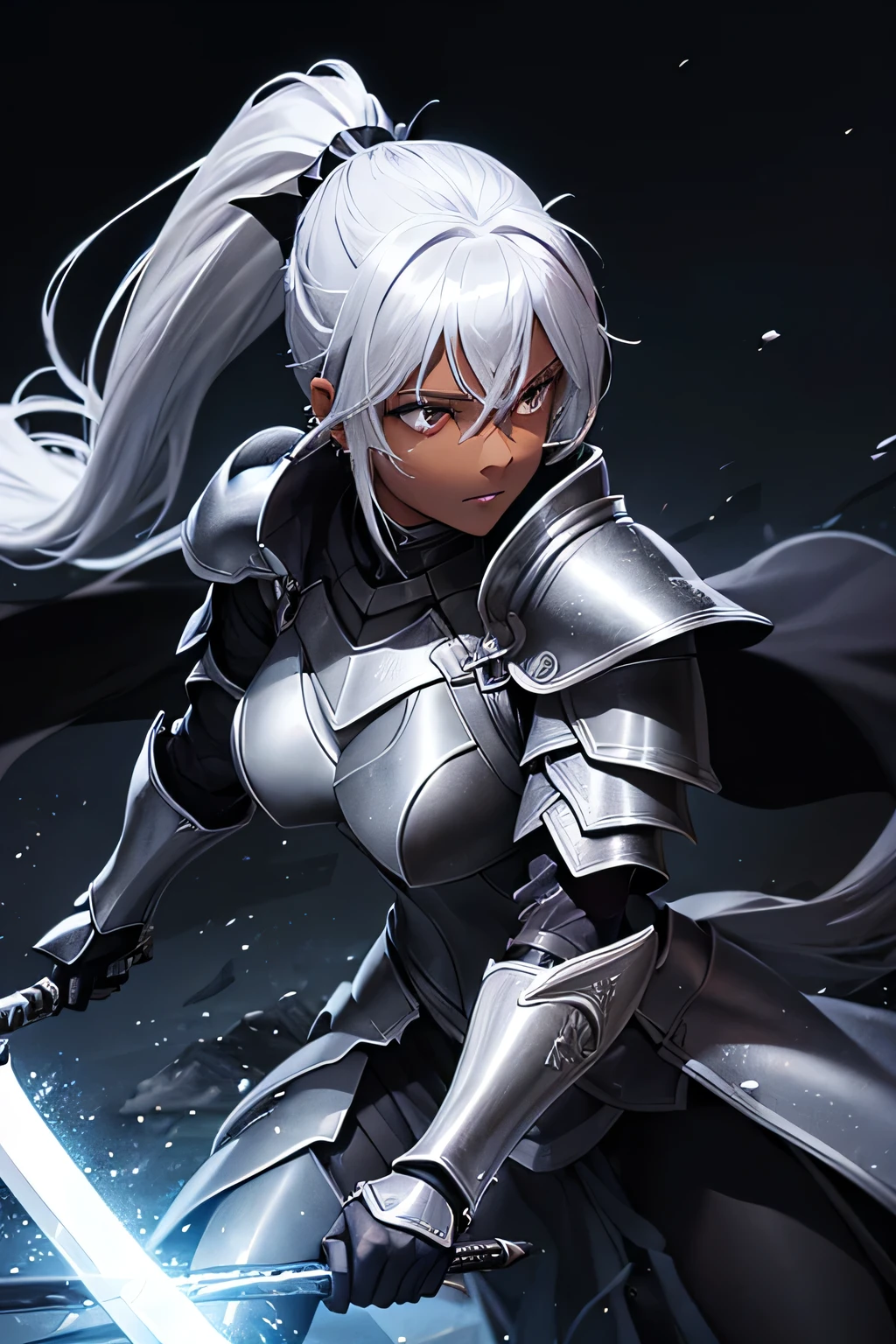 Beautiful 20 year old woman, (((Silver ponytail))),(((Dark Skin)))、Dark Knight,(((Black Armor)))、Swinging the Sword、In the Dark、Black Cape