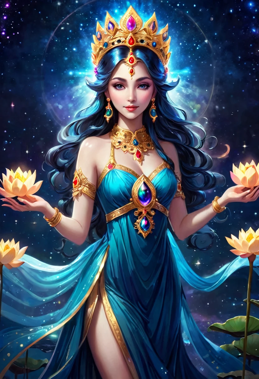 Mysterious goddess with a shining lotus flower in her hand, crown, princess-like appearance, beautiful dress like velvet, crown, chakras shining, astrology, horoscope