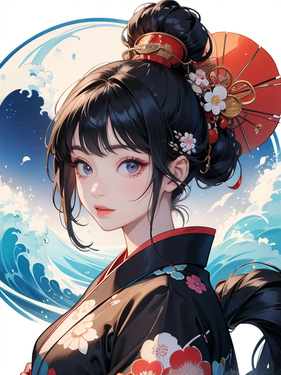 (Highest quality、masterpiece、8K)、Ukiyo-e、Vibrant colors、Katsushika Hokusai、1 female、Black hair Japanese topknot、The kimono has a vivid floral pattern on a white background.、Official Art、背景はUkiyo-e風、White waves and Mt. Fuji、White waves and the moon