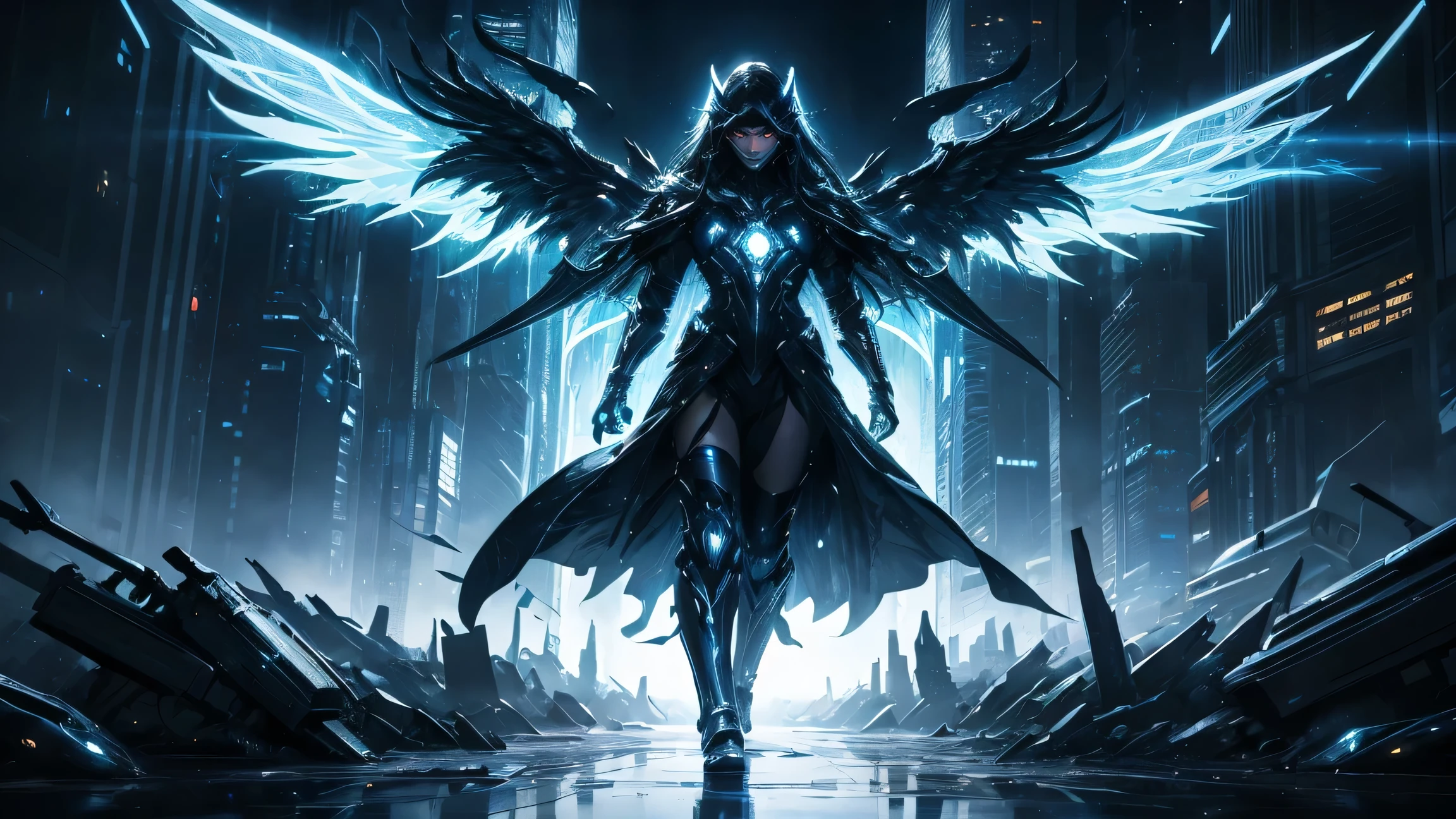 ((masterpiece, Highest quality, Best image quality, High resolution、4k)) One evil black masked angel、Glowing white wings、Glowing halo、Huge railgun、Cyberface。Flowing White Cyber Robe、god々Shining with a bright light。Shiny advanced cybernetic enhancements. Seen in dynamic action poses, reflection on a smooth surface. The cityscape below is filled with towering skyscrapers., illuminated by colorful holographic advertisements, Shining with blue energy, Mighty power. The overall atmosphere is dark and mysterious., It had a futuristic techno vibe.. The lighting is dramatic, Intense highlights and deep shadows, Creates depth and tension