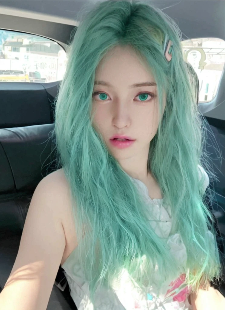 8K high quality,1 woman,Turquoise green hair:1.5