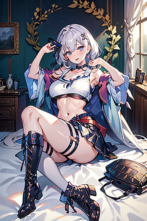 (masterpiece:1.2), (Military uniform magazine cover:1.4),best quality,PIXIV,Sweet girl , sexy posture,1girl, (perky chest:1.2), rolling upskirt by wind:1.6, (with sparkling eyes and a contagious smile),open mouth, (pointed chest:1.2),fishnets, black hair, boots, long hair, black nails, skirt, shirt, black footwear, bag, black skirt, jewelry, jacket,  thigh strap, bangs, necktie, earrings, nail polish, multicolored hair, looking at viewer, full body, bottle, own hands together, belt, jacket on shoulders, food, cats on head, ring, choker, english text, collared shirt, blue eyes, hat, lace-up boots ,masterpiece、highest quality、Very detailed、An illustration、Beautiful fine details、One Girl、cute、Detailed landscape、Training Room Background:1.4、Platinum Blonde Hair、Braided Ponytail、Red camisole、((c cup breasts, Tank top showing underboob:1.4))
