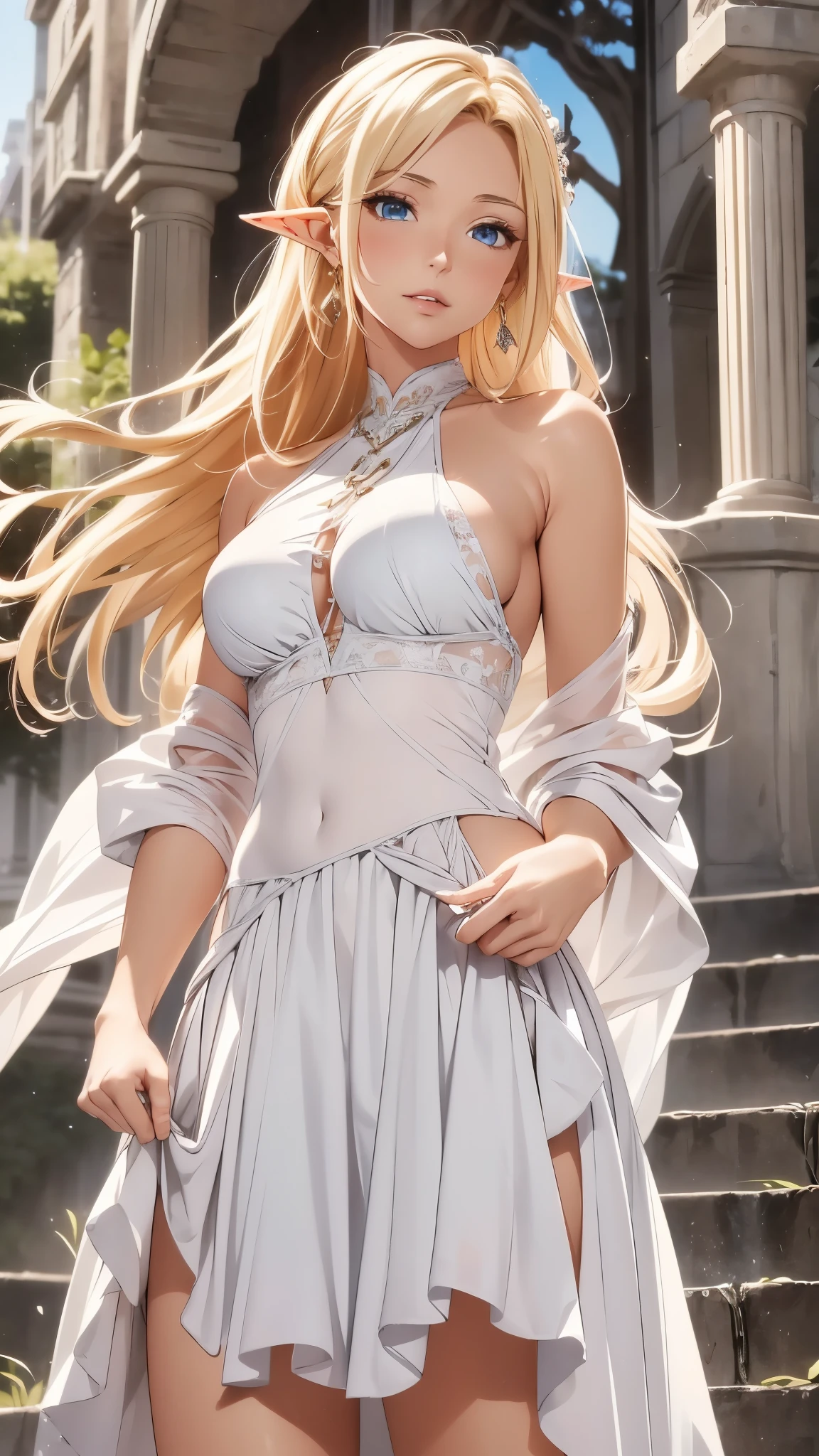 1 girl, Beautiful elf lady, blonde Long straight hair, upturn elf pointy ears, sexy figure, hot body, big breast, very beautiful face, detailed face, delicate eyes, detailed pupil, beautiful and delicate lips, blush, shy, heart, in love, white camisole long skirt, Simple and stylish, small crystal earrings, hand drawn animation, high detailed, outdoor, symmetrical clothes, best quality, masterpiece, retina,
