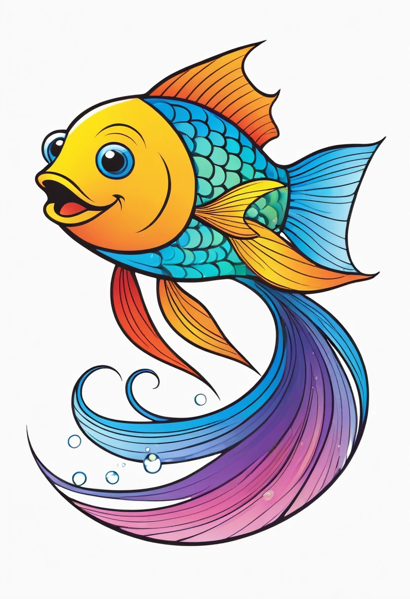 happy multicolored fish, Storybook style, outline, vector, white background