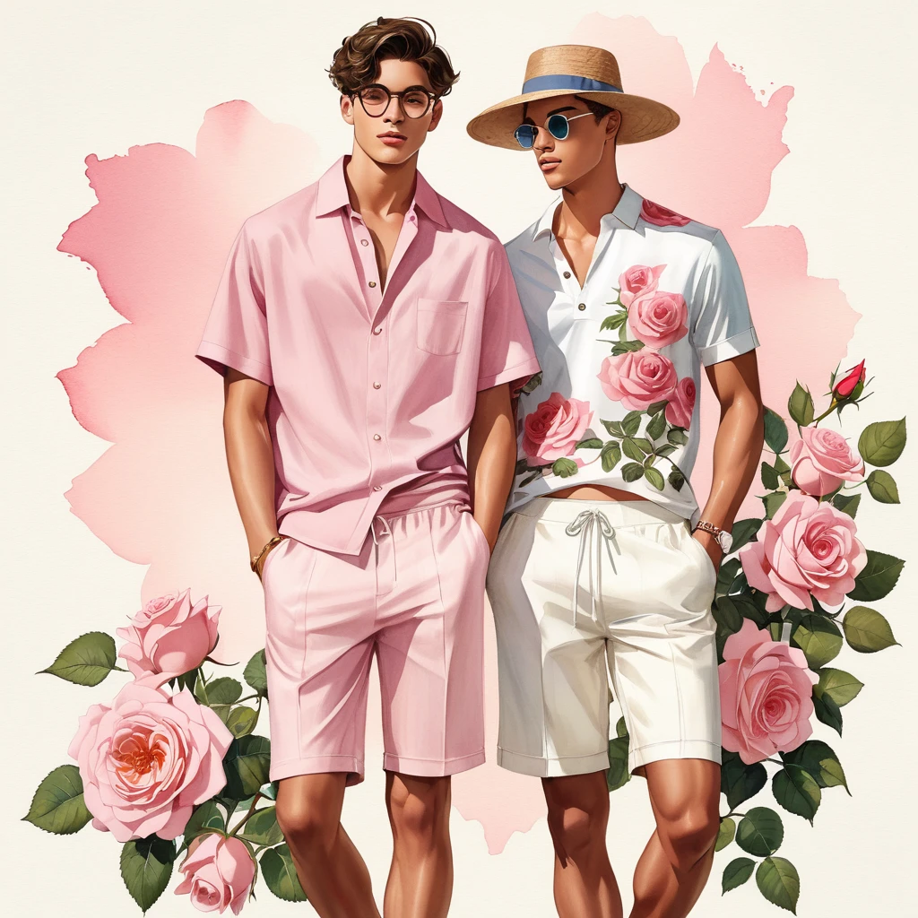 candid fashion illustration of young Mixed race 2man, both aged 18-23 year old, ((showcase fashion look book in linen outfits)), the design inspired by David Austin rose Emma Bridgewater, in elegant chic style. The man wears an oversized short-sleeved shirt with a minimal rose embroidery details, paired with relaxed-fit white Short with Drawstring, He completes his look with white sneakers and round glasses. The boyfriend complements him in a skinny fitted speedo in a stripe pattern, semi bulge, He resemble includes an accessorizes with a brimmed straw hat and white sneakers, Captured in a low angle, ((full-body image)), ((roses motifs background)), fashion sketching, realistic drawing, ((imperfect water color drawing background)), fashion look book, fashion illustrator, fashion sketch design, gay, gay couple, The Emma Bridgewater rose by David Austin is a lovely variety characterized by its soft, blush pink color. The blooms are large, with many petals forming a classic, rosette shape. The color can range from a delicate, pale pink to a slightly deeper shade, depending on the growing conditions. This rose is appreciated for its charming appearance and delightful,