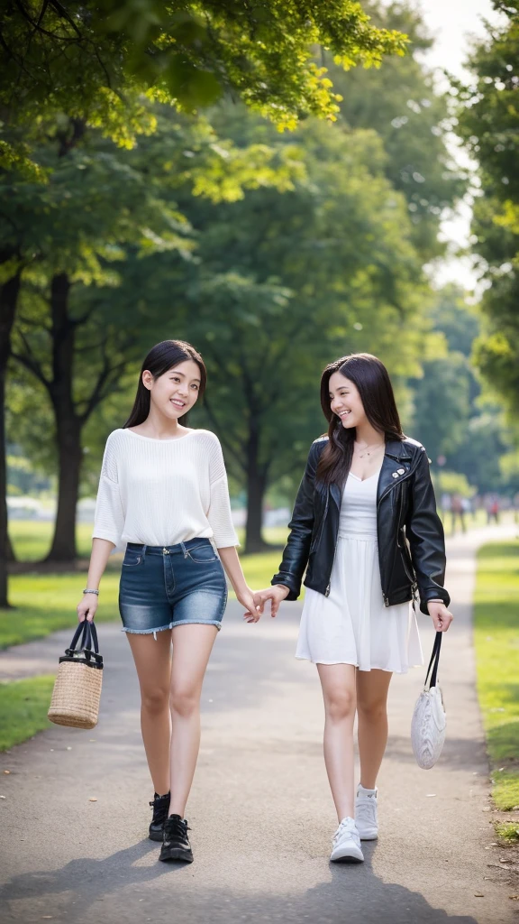 A 21-year-old mother and her 10-year-old daughter are having a fun walk in the park