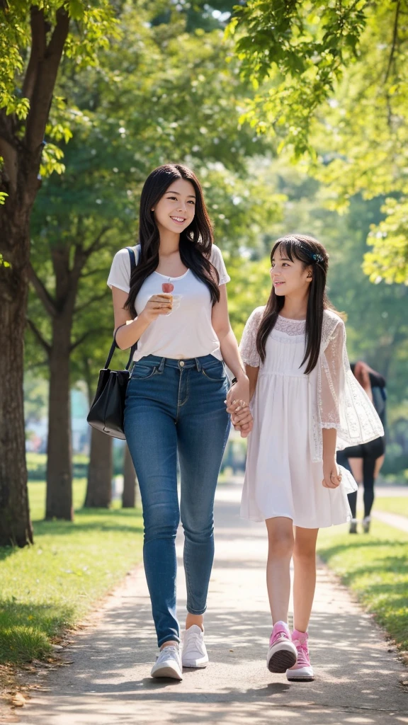 A 21-year-old mother and her -yeld dater are having a fun walk in the park