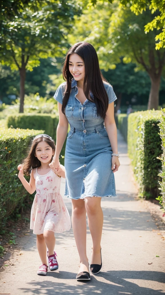 A 21-year-old mother and her 10-year-old daughter are having a fun walk in the park