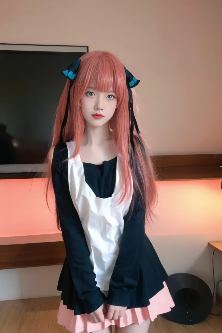 best quality, tmasterpiece,Ultra-high resolution,Clear face,(Reality:1.4),ferpect lighting,(upper body photo), (photorealistic:1.50), anime wallpaper, Guviz style artwork, cover-up fantasy up to magic , by Yang J, Guviz, beautiful artwork illustration, beautiful digital artwork, beautiful digital illustration, Li Song, beautiful anime portrait, art style in Beauvot, 1girl, 独奏, blue eyes, long hair, (pink hair:1.5), hair ornament, black hair ribbon, (maid dress:1.3), sleeveless, white apron, standing, background inside the house, room, looking at viwer,
