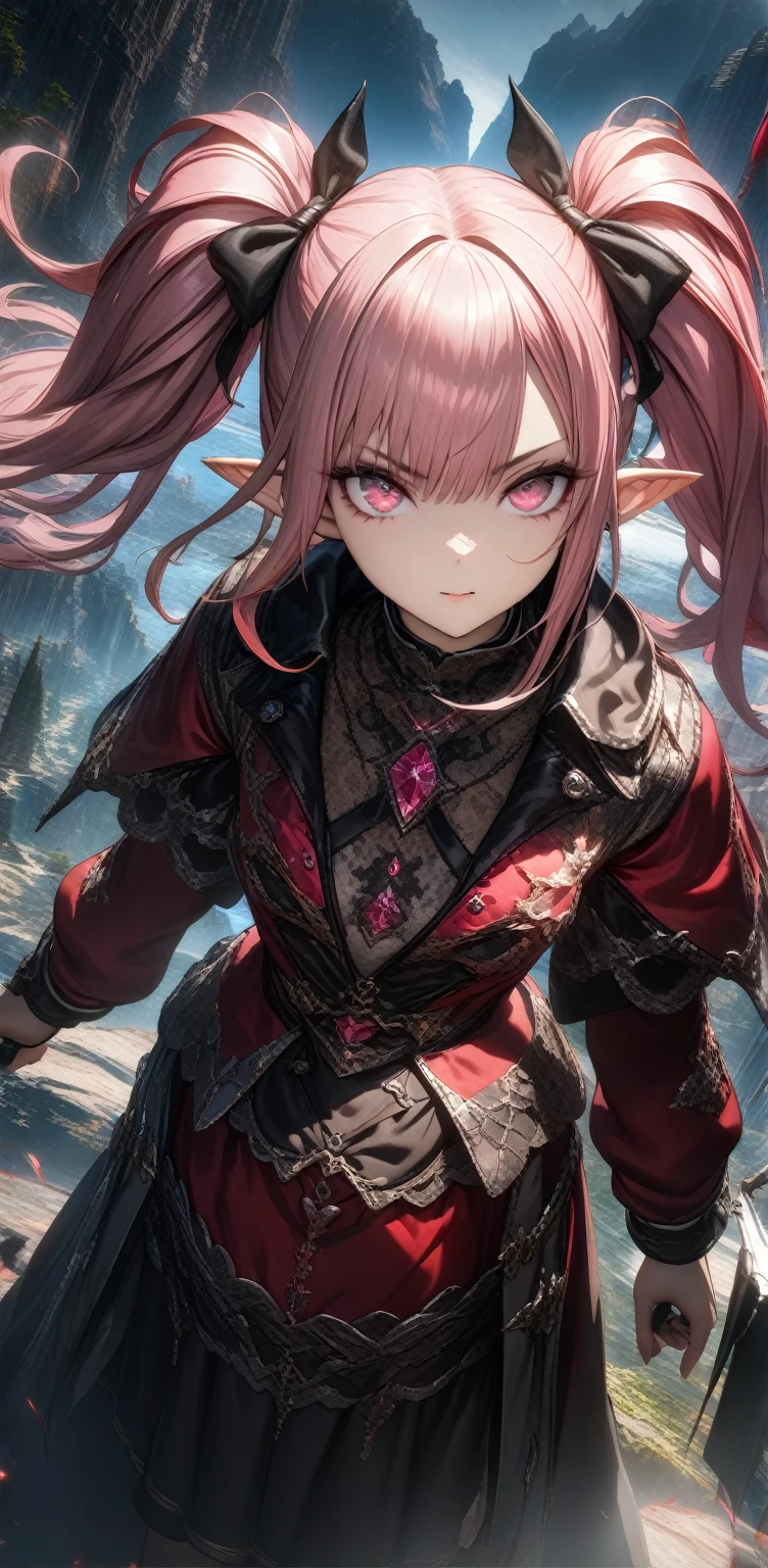 ((32k)), ((best quality)), ((ultra high res)), ((HDR)), ((UHD)), ((extremely detailed CG)), ((unity 32k wallpaper)), (8K, Highest image quality, highest quality, masterpiece), detailed face, 1 girl, pink hair, ((twintails)), pink eyes, Pointed ears, devil&#39;s horns, evil smile, grin, blush, Steam, ((big)), white shirt, ((button removed)), cleavage, ((pink lace bra)), black pleated skirt, ((bend your knees and open your legs)), ((pink panties)), white socks, sit on bed, bedroom background, 