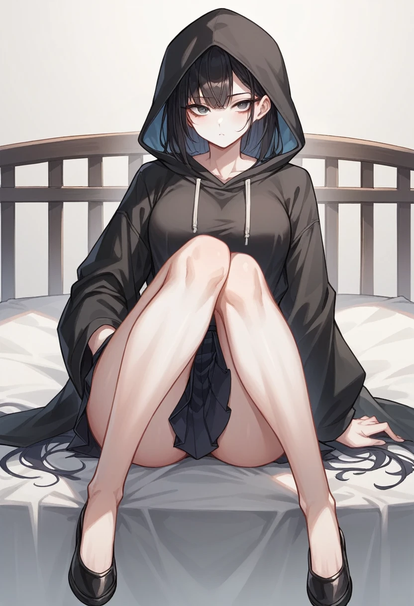 A girl with long black hair is sitting on the bed　Wearing a hood　He wears a black hoodie underneath his beautiful black ninja kimono.　She is wearing a black pleated skirt　White skin　tall　With bangs　Beautiful face　Thin legs　Smooth and straight hair　Long and narrow face　With waistline　Keeping your left hand in your pocket　Anime Style