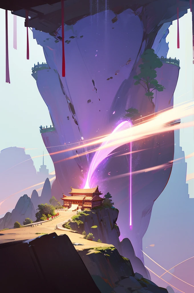 Giant Asian-Chinese style castle, inside a cave deep in the mountain there are a few streaks of purple light.