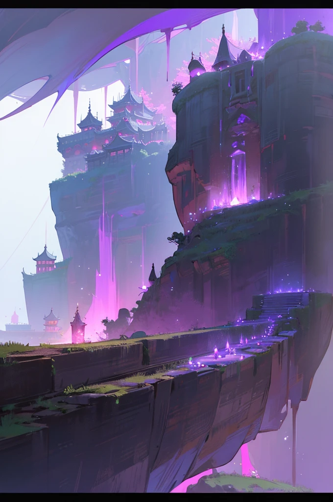 Giant Asian-Chinese style castle, inside a cave deep in the mountain there are a few streaks of purple light.