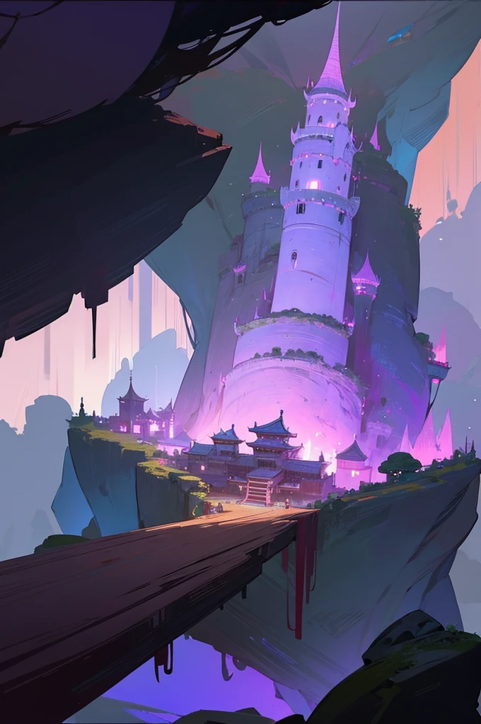 Giant Asian-Chinese style castle, inside a cave deep in the mountain there are a few streaks of purple light.