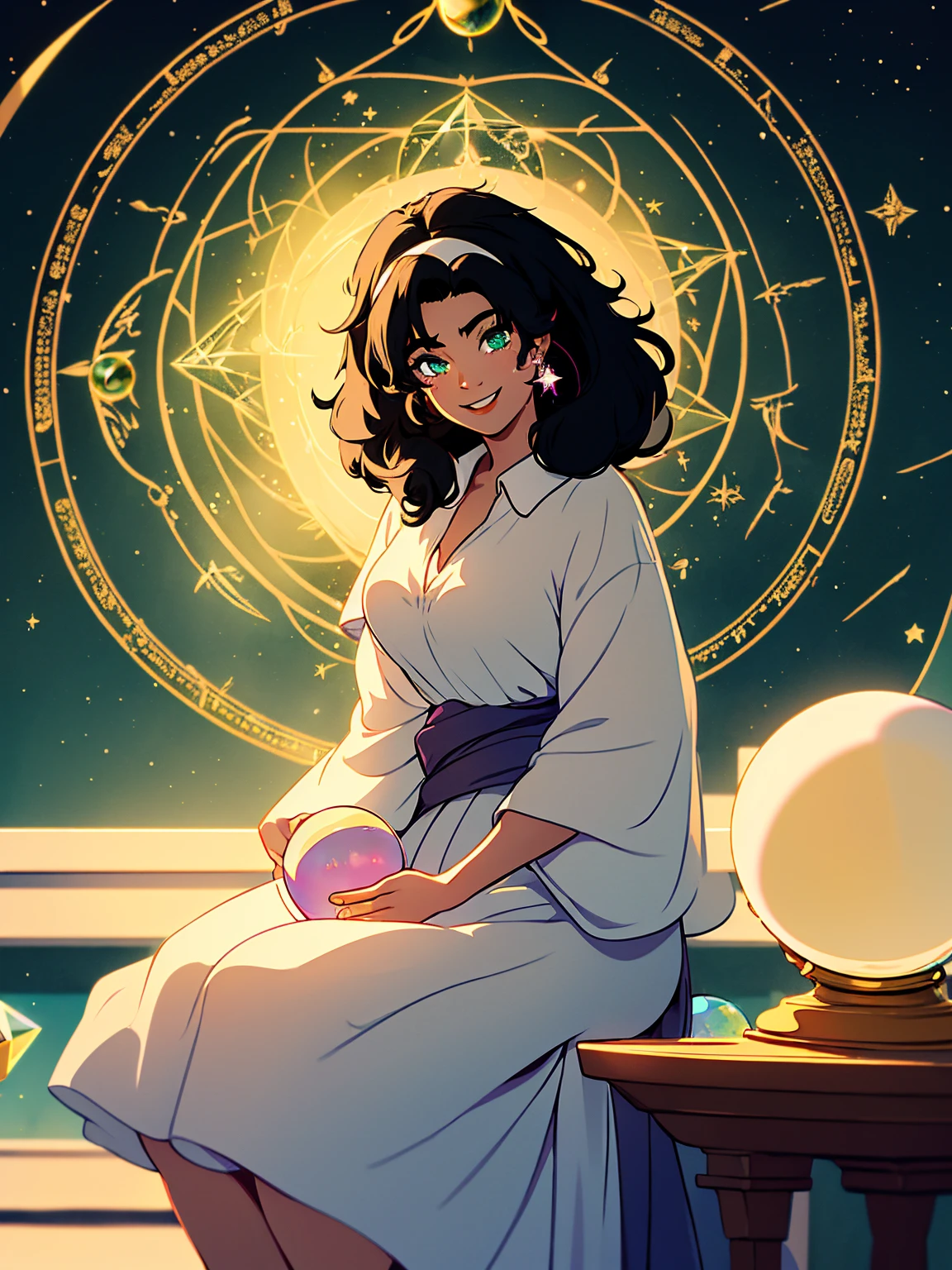 masterpiece, best quality, lineart, anime screencap, sketch, (1girl, solo:1.3), (black hair, hair swaying from the wind:1.3), (green eyes, bright pupils, sparkling eyes:1.2), (wearing white shirt:1.4), (crystal ball, scrying, astrology:1.4), (smile, sitting, hands above crystal ball:1.5), light particles, scenery, indoors, bokeh, ambient lighting, vibrant colors, 200mm lens, esmeralda,