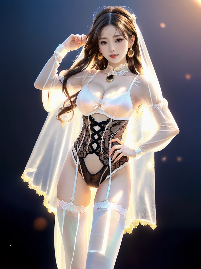 An Asian Chinese female model, (background:Room),(background:night), (8K Ultra HD, Digital SLR Camera, Soft Light, high quality, Volumetric Lighting, frank, photo, high resolution, 4K, 8K, Bokeh), ((Create stunning images of real girls), warm light, Dynamic poses, Elegant Posture, Cowboy lens, Full body front view, From the front,Be confident, Front of the body facing the camera, Standing posture facing the camera, Open your legs slightly, Golden Ratio Graphics, Minimalism), (Show a charming smile, Willow Leaf Eyebrows, big eyes, Apricot eye prick, Cherry Blossom, Balanced Eyes, Oval face, Pretty Face, Normal facial features, Skin is transparent and visible, Thin skin and tender meat, cosmetic, earrings, bracelet, necklace, Jewelry, veil, Hair accessories), (Brown hair, Wavy curly hairstyle, Waist-length hair, Messy Hairstyle, Gradient hairstyles, Cyberpunk hairstyle), ((Transparent clothes:1.5), (Color of clothes:White), Transparent Clothes, Lace clothes, Mesh clothes, 透明Mesh clothes, Lace sexy lingerie), (Sexy, Perfect breast shape, Teardrop-shaped chest shape, Snow-white breasts, very detailed breasts, 34E cup, Exposing the southern breast), (Super high waist clothes, Chest hollow,(Camel toe, High fork strangulation)), (Black socks, Sheer lace knee socks, 吊garter, Leg ring, garter, 腿部garter)