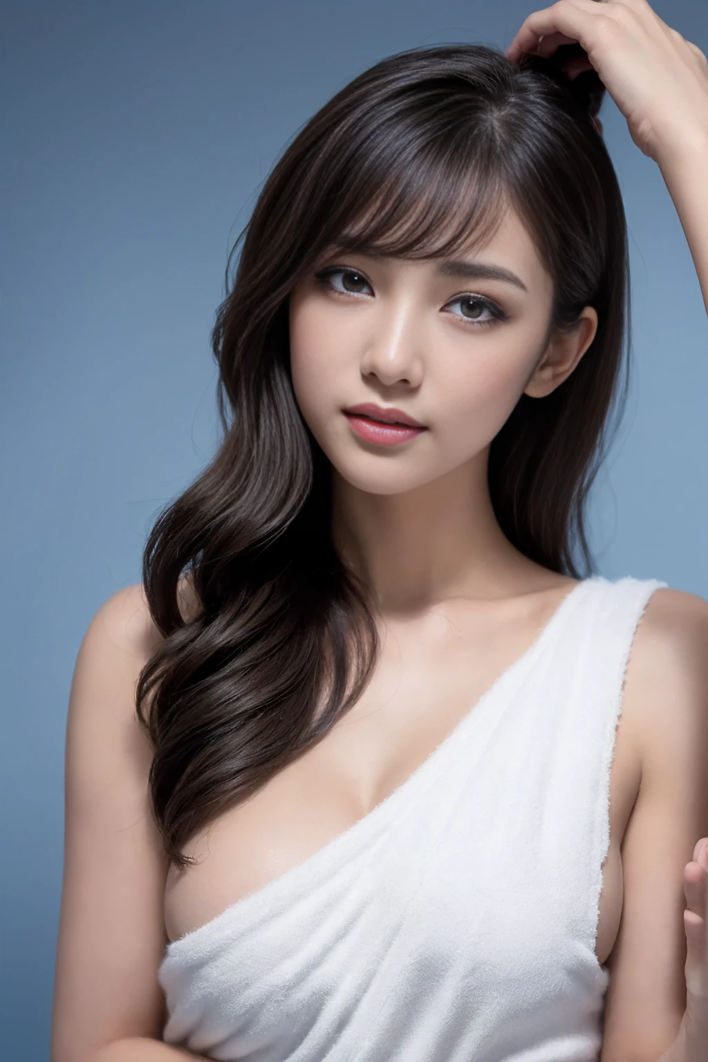 (highest quality, 8K, 32K, masterpiece, UHD: 1.2), blooming light effect , professional photos, realistic pictures, multiple angles, Photo of erotic beauty, sexy, (goddess of beauty),one girl,(full body), show skin ,(extremely beautiful lady standing up:1.1),( from below:1.3),busty, nipples, intricate details, fit body , naughty, slutty, perfect hands, detailed hands, perfect eyes, detailed eyes, Glossy texture, V-shaped eyebrows,(smile:1.1),(gyaru:1.2), (tanned skin:1.3),(realistic skin and hair texture, detailed beautiful & luster & grossly:1.25), (long dark brown hair:1.4),(streaked hair),Long narrow eyes, nasally face ,A nicely protruding chin,(High nose),(Long bangs:1.3),enchanting, adorned, charming,captivating, alluring, stylish, bedazzled,Bronze eyeshadow, bronzer, peach lip gloss, highlighter, mascara, light foundation,(S-shaped body),beautiful girl, beautiful breasts, beautiful figure, beautiful skin, beautiful eyes, blue eyes, double eyelids, skin details, white skin (large breasts), beautiful makeup, red wavy lips. BREAK (toweling made of white fluffy cotton:1.3), ((sleeveless, strapless):1.3), (wrap a plain white color towel over naked body:1.4), (sheath line:1.3), (wrapped soft thick white towel with fluffy trim:1.4), ((bare shoulders, bare arms, knees):1.3), (barefoot:1.3),BREAK (navy blue background:1.2),(windy:1.45)
