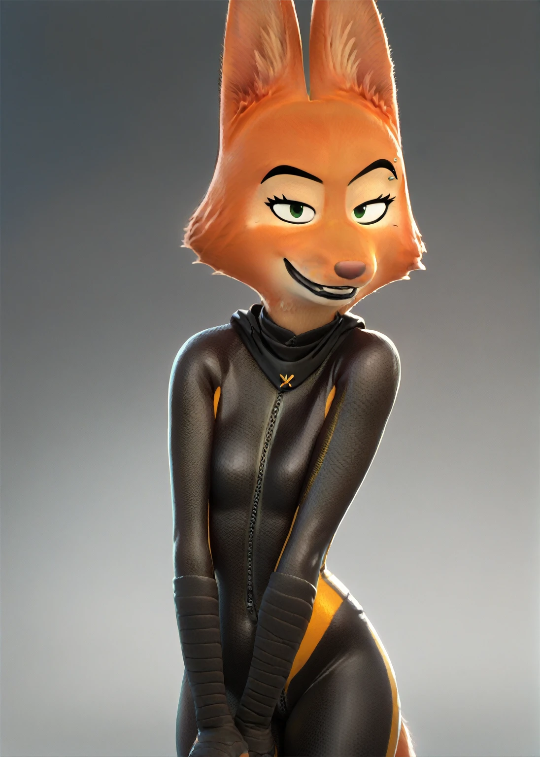 score_9, score_8_up, score_7_up, score_6_up, score_5_up, score_4_up, 
Diane_Foxington, ginger fur, emerald eyes, black lipstick, black eyebrows, silver piercings on eyebrow, fox tail, bodysuit with yellow trim and black wraps, smirk, looking at viewer, on both knees, Fullbody, (vore), ((large) moving vore belly, a whole full sized person inside of the stomach struggling), belly covered by bodysuit