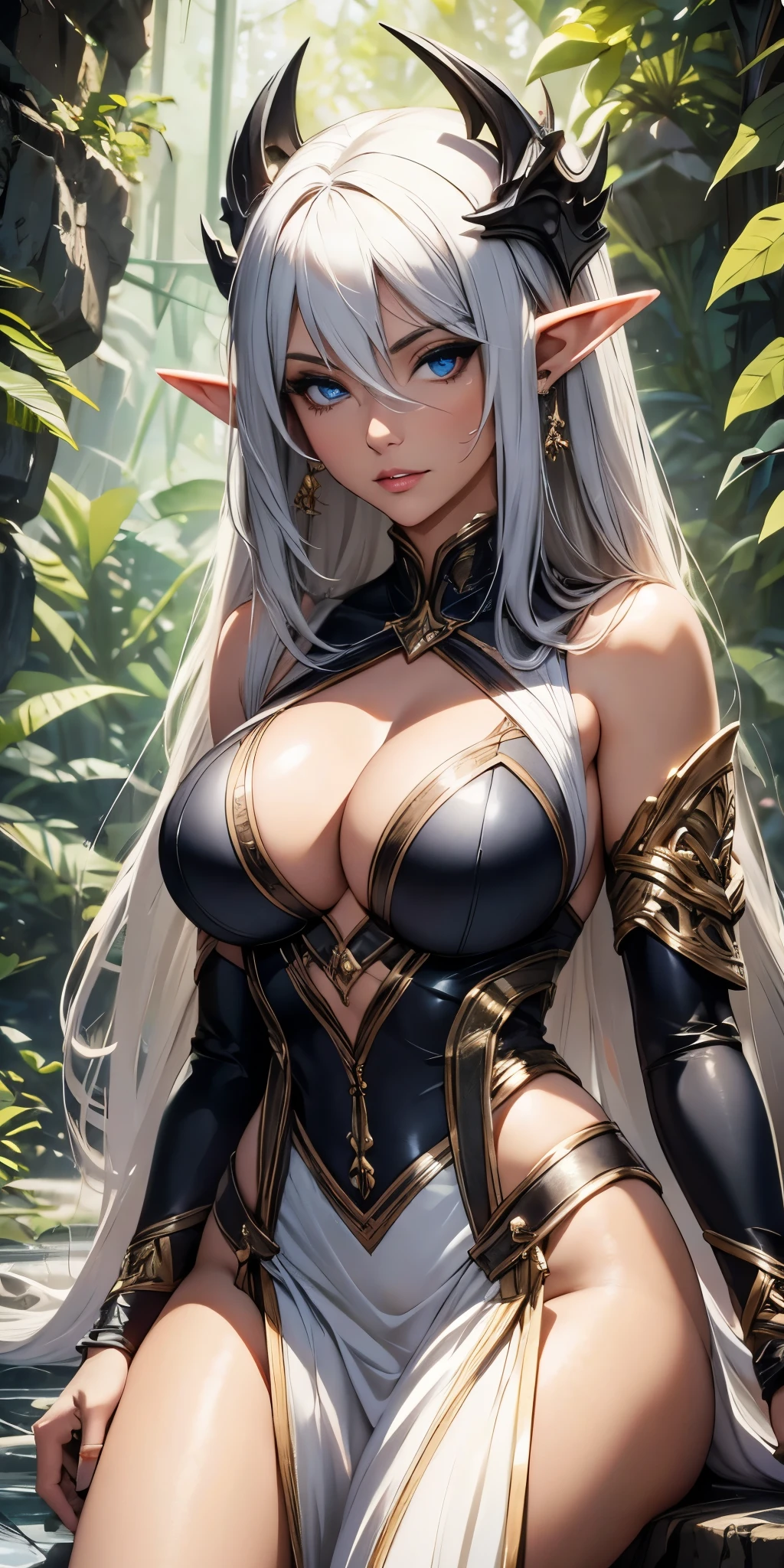 1 woman, Beautiful elf lady, dark elf, silver white Long straight hair, upturn elf pointy ears, sexy figure, big breast, charming cleavage, dark tone skin, beautiful face, detailed face, delicate eyes, glowing pupil, beautiful and delicate lips, blush, shy, heart, in love, sexy long skirt, Simple and stylish, small crystal earrings, hand drawn animation, high detailed, outdoor, symmetrical clothes, best quality, masterpiece, retina, 8K, highres,