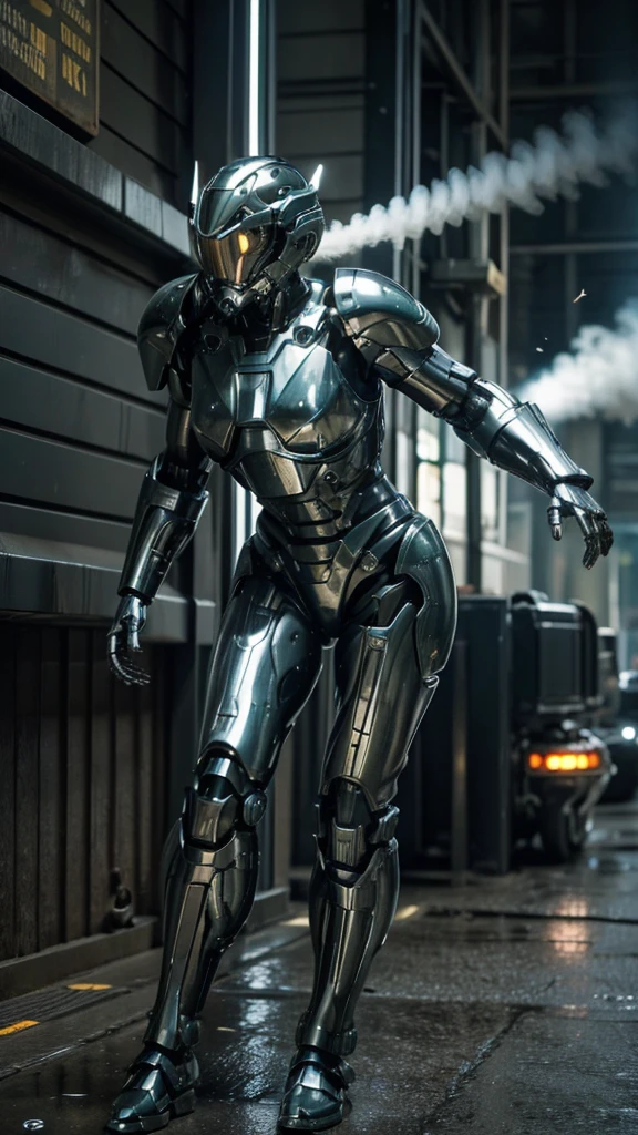 Textured skin, Very detailed, Attention to detail, high quality, 最high quality, High resolution, 1080P, hard disk, beautiful,(War Machine),beautifulサイボーグ女性,Mecha Cyborg Girl,Battle Mode,Girl with a mechanical body Black Hair Short Hair Boyish Dark green armor Sweaty and wet face (Hitting a wall)(The headgear breaks and flies away) (Flying debris)Steam coming out of my head Steam coming out of the whole body Painful expression Please open your mouth wide Snug-fitting headgear Black Inner Suit Full body portrait Gas mask with a long nozzle(front)