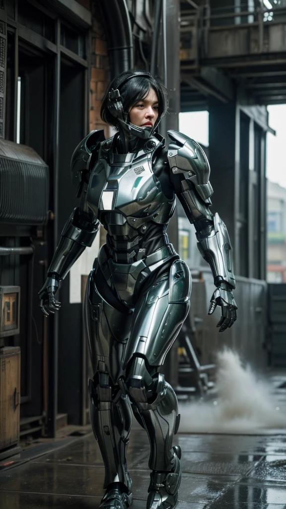 Textured skin, Very detailed, Attention to detail, high quality, 最high quality, High resolution, 1080P, hard disk, beautiful,(War Machine),beautifulサイボーグ女性,Mecha Cyborg Girl,Battle Mode,Girl with a mechanical body　Black Hair　Short Hair Boyish　Dark green armor　Sweaty and wet face　(Hitting a wall)(The headgear breaks and flies away)　(Flying debris)Steam coming out of my head　Steam coming out of the whole body　Painful expression　Please open your mouth wide　Snug-fitting headgear　Black Inner Suit　Full body portrait　Gas mask with a long nozzle（front）