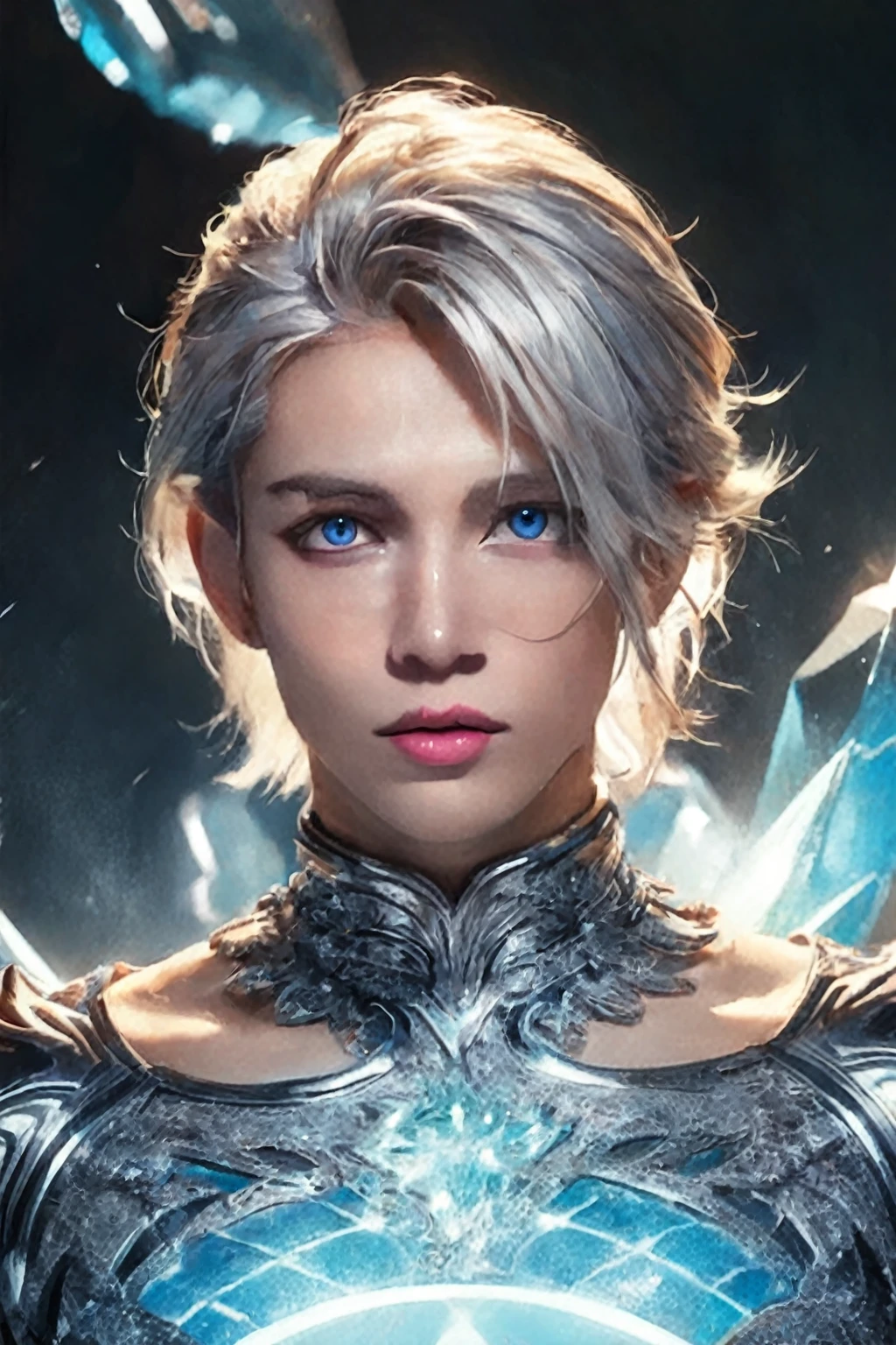 a woman in a silver outfit with blue eyes and a sword, attractive androgynous humanoid, beautiful androgynous prince, ig model | artgerm, artgerm ; 3d unreal engine, extremely detailed artgerm, fanart best artstation, lineage 2 revolution style, hyperrealistic fantasy art, delicate androgynous prince