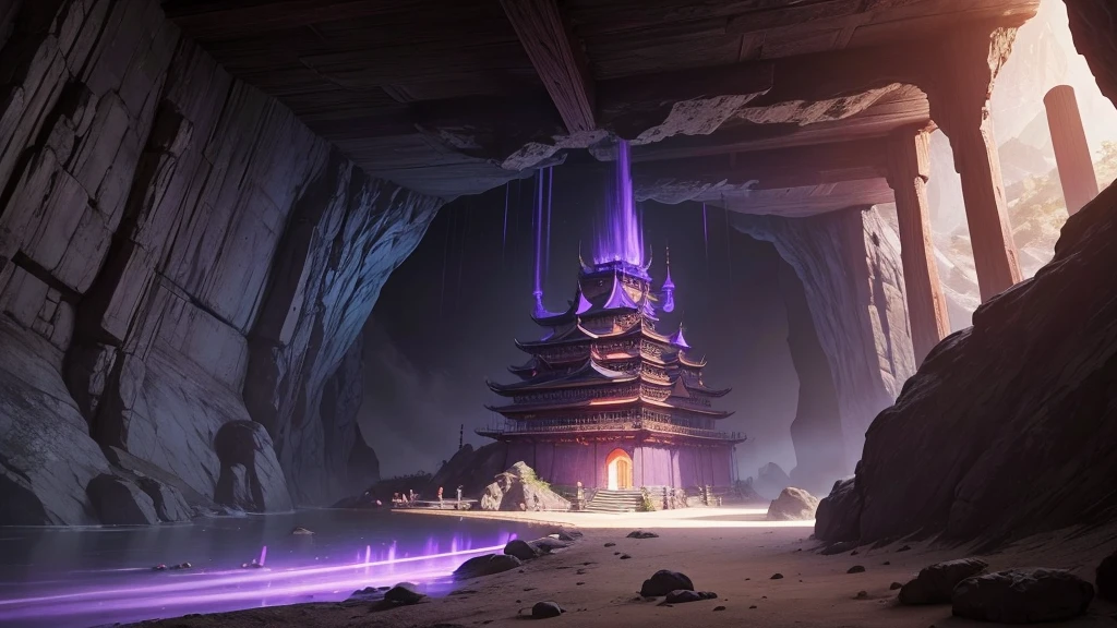 Giant Asian-Chinese style castle, inside a cave deep in the mountain there are a few streaks of purple light.
