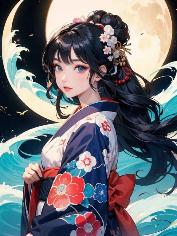 (Highest quality、masterpiece、8K)、Ukiyo-e、Vibrant colors、Katsushika Hokusai、1 female、Black hair Japanese topknot、The kimono has a vivid floral pattern on a white background.、Official Art、背景はUkiyo-e風、White waves and Mt. Fuji、White waves and the moon
