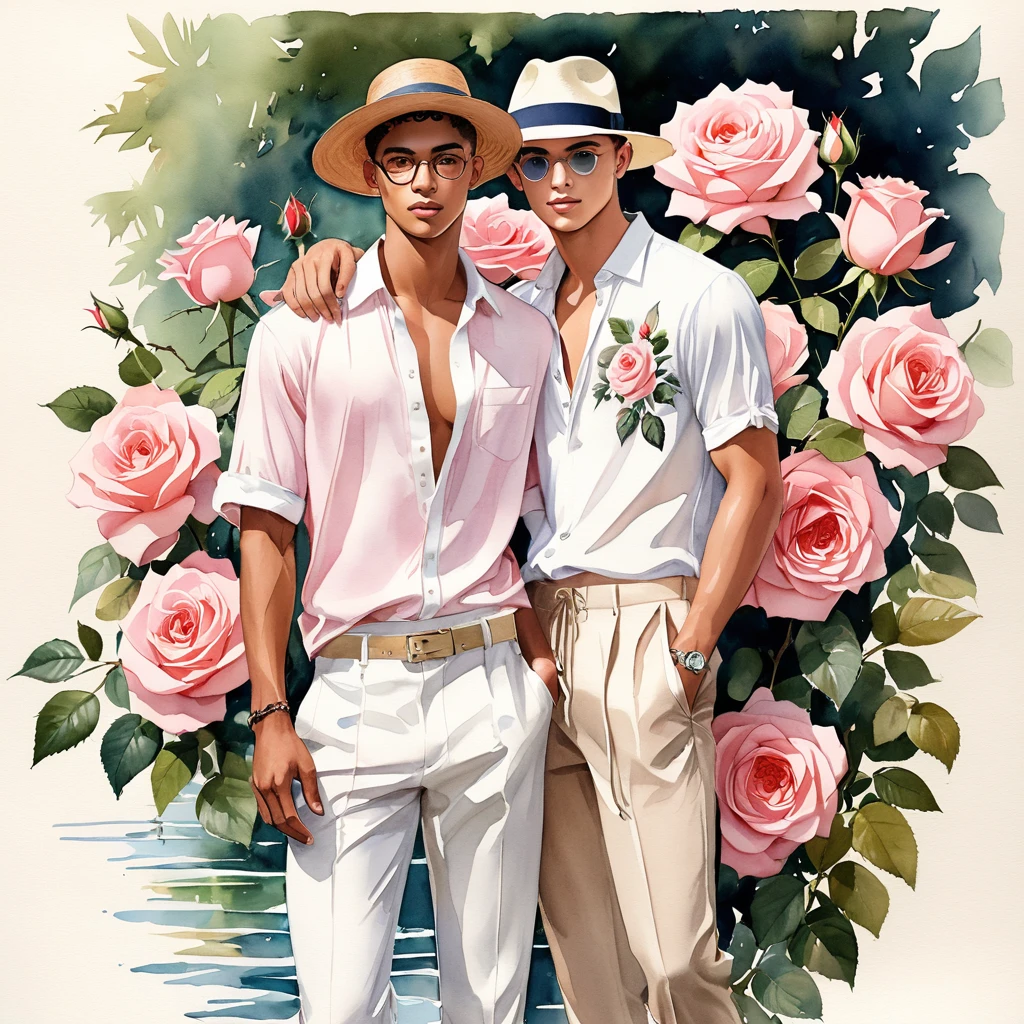 candid fashion illustration of young Mixed race 2man, both aged 18-23 year old, ((showcase fashion look book in linen outfits)), the design inspired by David Austin Rose, in elegant chic style. The man wears an oversized short-sleeved shirt with a minimal rose embroidery details, paired with relaxed-fit white Short with Drawstring, He completes his look with white sneakers and round glasses. The boyfriend complements him in a Calf-length skinny fitted pants in a stripe woven cotton, semi bulge, He resemble includes an accessorizes with a brimmed straw hat and white sneakers, Captured in a low angle, ((full-body image)), ((roses drawing in water color in background)), fashion sketching, realistic drawing, ((imperfect water color drawing)), fashion look book, fashion illustrator, fashion sketch design, gay, gay couple, The Emma Bridgewater rose by David Austin is a lovely variety characterized by its soft, blush pink color. The blooms are large, with many petals forming a classic, rosette shape. The color can range from a delicate, pale pink to a slightly deeper shade, depending on the growing conditions. This rose is appreciated for its charming appearance and delightful,