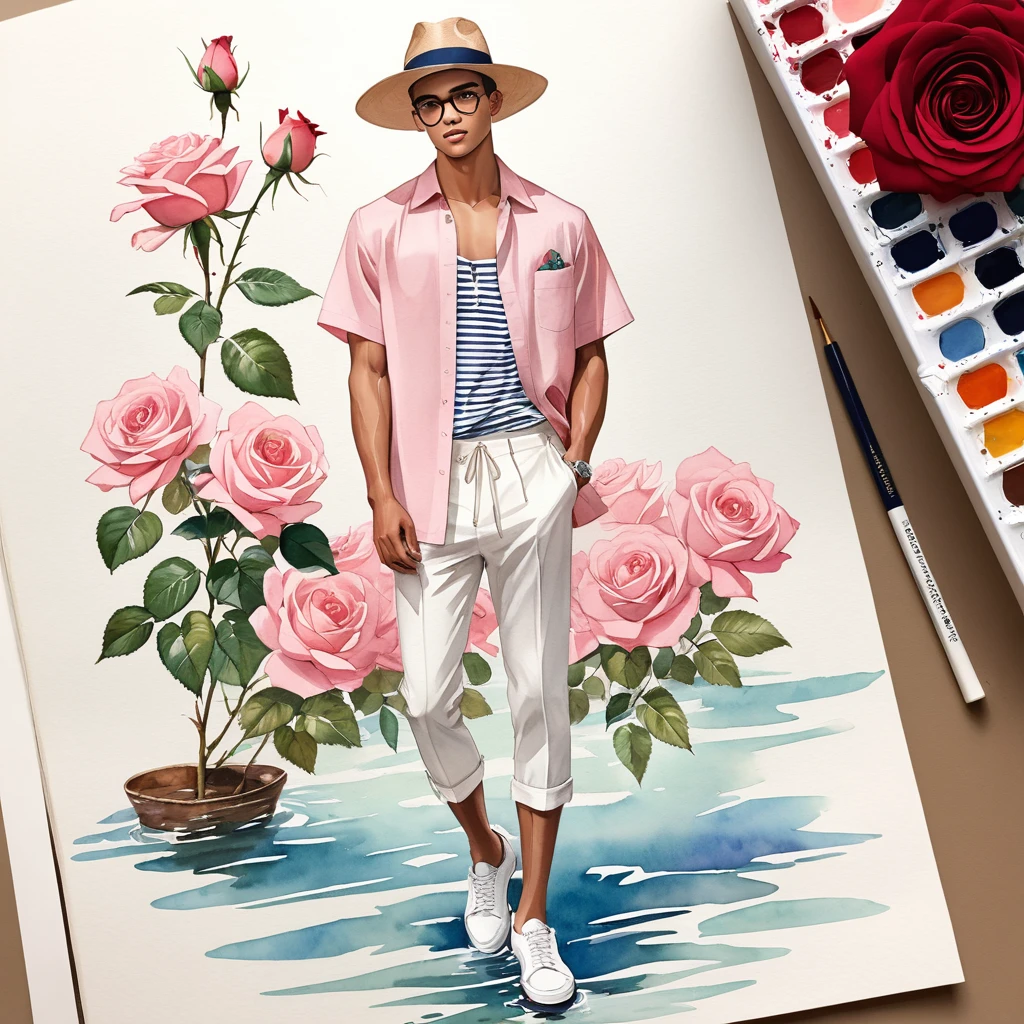candid fashion illustration of young Mixed race 2man, both aged 18-23 year old, ((showcase fashion look book in linen outfits)), the design inspired by David Austin Rose, in elegant chic style. The man wears an oversized short-sleeved shirt with a minimal rose embroidery details, paired with relaxed-fit white Short with Drawstring, He completes his look with white sneakers and round glasses. The boyfriend complements him in a Calf-length skinny fitted pants in a stripe woven cotton, semi bulge, He resemble includes an accessorizes with a brimmed straw hat and white sneakers, Captured in a low angle, ((full-body image)), ((roses drawing in water color in background)), fashion sketching, realistic drawing, ((imperfect water color drawing)), fashion look book, fashion illustrator, fashion sketch design, gay, gay couple, The Emma Bridgewater rose by David Austin is a lovely variety characterized by its soft, blush pink color. The blooms are large, with many petals forming a classic, rosette shape. The color can range from a delicate, pale pink to a slightly deeper shade, depending on the growing conditions. This rose is appreciated for its charming appearance and delightful,