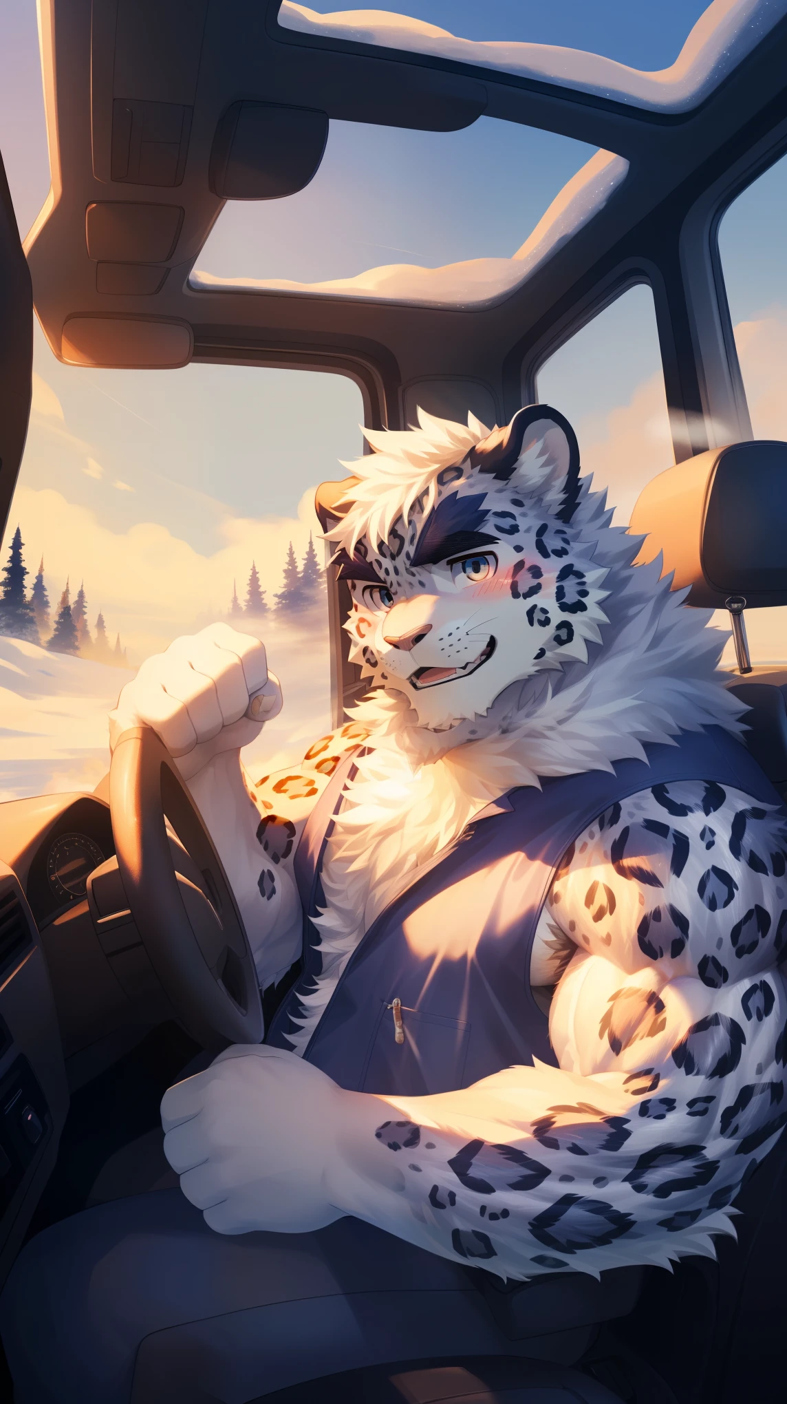 (Vision:1.5), solitary, anthropology, hairy, hairy male, snow leopard, ((Fluffy fur, Fluffy, hairy body)), (snow leopard print), (Thick eyebrows), youth, muscular, Blue-gray pupils, Detailed teeth, defaced face, fundos, driver, Gray purple vest, cab里, Driving, front, Shy expression, A faint smile, blush, (Dynamic poses:1.5), Clear facial features, Strong, majestic, alone, panoramic, Fog atmosphere, early morning, Tyndall light effect, cab, Sunlight through the car window, (By Empty Ghost, From snow leopard20, masterpiece, high quality, high resolution,8K)