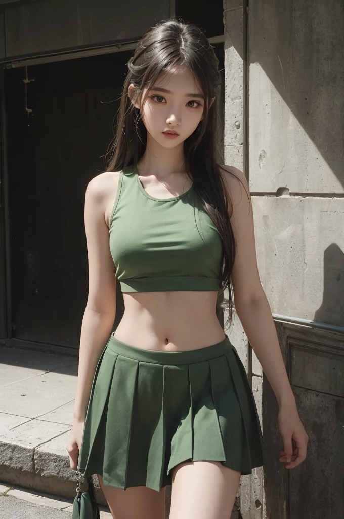 20 year old girl, green tank top, green skirt, long hair, high contrast (Natural skin texture, Hyperrealism, Soft Light, sharp), portrait, standing, kpop