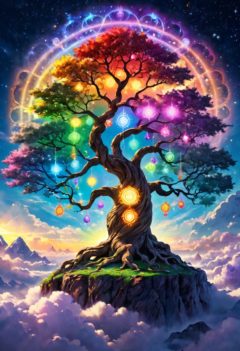 Bodhi tree of chakras, seven colored chakras emit light, mysterious, above the clouds, shooting stars