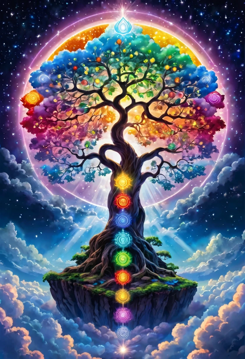 Bodhi tree of chakras, seven colored chakras emit light, mysterious, above the clouds, shooting stars