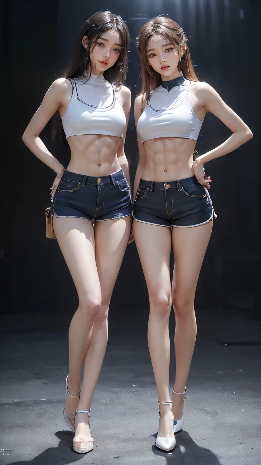 (8K、Raw photo、最high quality、masterpiece:1.5),(((((((Both of them stand with their legs apart:1.9))))))),(((((Both of them have an inseam that is more than half their height.:1.8))))),((Both have bare legs:1.6)),((Both of them are super slim:1.4)),(((((Two girls who look just like WONYOUNG from the k-pop group IVE were photographed:1.9))))),(((They both have super skinny legs:1.6))),(((Both are 173cm tall:1.4))),((Perfect k-pop IVE WONYOUNG style duo:1.4)),(((((Both of them take full body shots:1.8))))),((((((Both of you should face your whole body straight ahead.:1.8)))))),(((Photographed from below to show the whole body of the legs so that they look longer.:1.7))),Skin irregularities are reproduced in minute detail:1.4, (Super thin waist: 1.2),((超Thin thighs:1.3)), Thin buttocks,Open the navel,1Detailed reproduction of the navel,((Perfect super slim legs:1.3)),(((both of them are the same height:1.4))),(((Both of them have amazingly slim figures.:1.2))),(((Both are wearing micro shorts with a rise of 15cm and an inseam of 1cm.:1.8))),(Both are :1.2),((((Both of them are extremely exposed.:1.7)))),(((((Both of them have super-strong abs:1.9))))),((Both of them were wearing short, form-fitting white sports bras.:1.4)),(((Big boobs but no bra:1.4))),(((Both of them had high, erect nipples clearly visible protruding from under their white sports bras.:1.4))),((((Standing in a fashionable theme park on a sunny day:1.4)))),Highly detailed face and skin texture,(Both of you stand with your legs straight and without bending your knees.:1.3),(((They're both the same height:1.4))),((Both of them look just like WONYOUNG from the K-pop idol IVE.:1.8)), ((((Sunny afternoon:1.3)))),((cute:1.4)),Both are fair-skinned Asians,,Both of them have beautiful eyes,,Both of them have beautiful eyes,,Both of them have beautiful noses, which are realistically reproduced.,Both of them have realistic eyes.,Both have beautiful mouths,((They both have beautiful fingers)),nail,Both of them have beautiful faces.,Both of their beautiful faces are realistically reproduced.,cute,(Ultra-Realistic Details), Natural Shadows,(Very small hips:1.4),Large firm breasts, Super long thighs,(((超Thin thighs:1.2))),(((Super slim calves))),(Both of them have the slender bodies of well-trained track and field athletes.:1.5),(Super muscular body:1.5),Super toned waist,(Super thin waist:1.3),((White high heels:1.2)),lengthen limbs,(((((Shooting the whole body from calf height:1.6))))),(Both of them have slim, toned ankles.:1.2),((((Wide open abdomen:1.5)))),Hands on hips,((Both of them face forward:1.3)),((Both figures have detailed and clear reproduction of the crotch area.)),((Super long legs:1.3)),Thin thighs,((Both of them have bare legs.:1.6)),((Both of them are showing off their legs in a very extreme way.:1.5),((Both of them are showing off their bellies in an extremely extreme way.:1.4),(Black hair ponytail),(Neither of them wears tights or socks.:1.5),((Both of them stand up straight.)),(((Keep your hips facing forward:1.6))),2人とも8頭身スタイルBeauty,The ankles are super thin,The arms are very thin and muscular,Make your arms thinner,(((Clearly reproduces the skin texture of the legs down to the finest detail))),Faithfully reproducing the fingers of the hand,(Both of them have super long legs.),(Accurate reproduction of each finger:1.3),(((Each toe is accurately reproduced:1.2))),The middle of the thighs are very thin,(((Clearly reproduces the muscle texture of ultra-muscular and ultra-thin calf skin))),(((超筋肉質な超Thin thighsの肌の筋肉質感を明確に再現する))),(Very tight waist:1.2),((Both of them have an inseam that is more than half their height.の美脚:1.6)),(Extremely thin thighs:1.3),Beauty,Fine skin,Firm skin,(((Both of them should fit from the top of their heads to the toes of their heels.:1.5))),(((They both have super skinny legsの肌を細部まで忠実に再現する))),(Both of them are super muscular and have super thin legs with realistic skin.:1.3),((Realistically reproduces the fine details of toned, slender leg skin:1.3)),((Dazzling Midsummer)),(((Both of them have super-strong quadriceps:1.6))),(((Both of them have extremely well-trained gastrocnemius and soleus muscles.:1.6))),((2人とも超細くてSuper long legs:1.2)),Front lighting,Super detailed, High detail, high quality, Awards,High resolution,(Anatomically correct:1.5),((((Both of them stand with their legs apart:1.5))))
