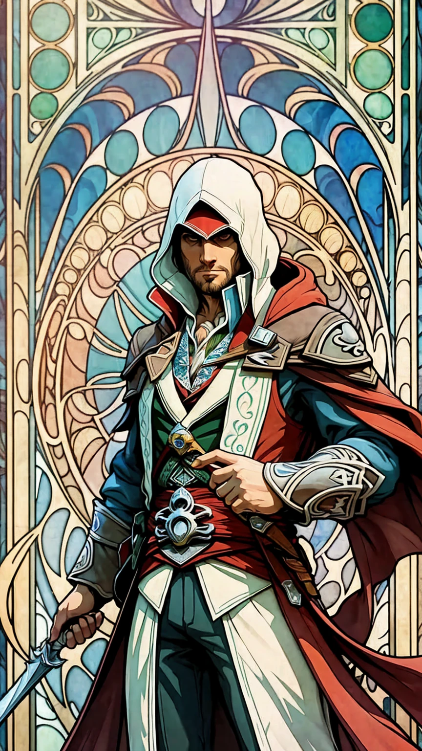 ((Art Nouveau Style)); Assassin's Creed; Ezio Auditore da Firenze; Assassin's creed outfit; stoic pose; swords; daggers; (Florence, Italy); symmetrical with thick lines, Fibonacci, golden ratio, 3D metal structure tessellation, neural graphic, neurons, color, love, passion, incredibly detailed, 8k, masterpiece, artstation, surreal