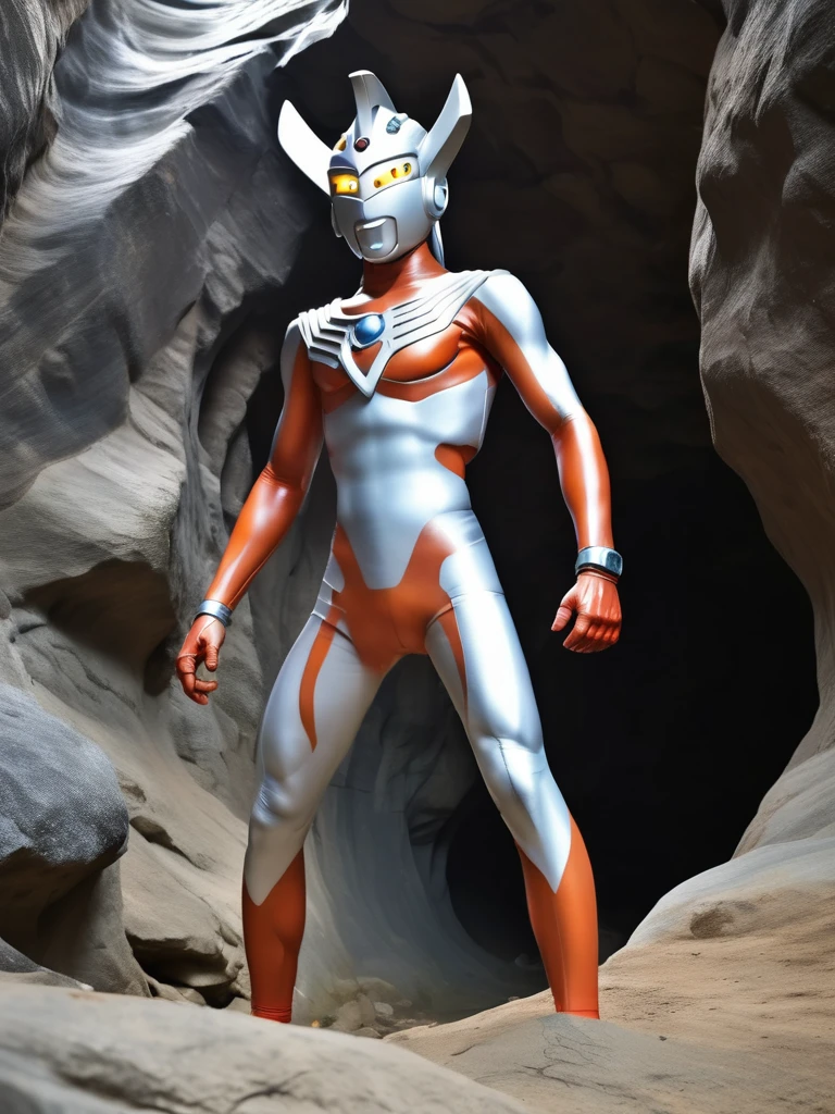 photo realistic,Ultraman Taro is caught in a cave and stands naked in white underwear,slim body,tall,long limbs,helmet only,