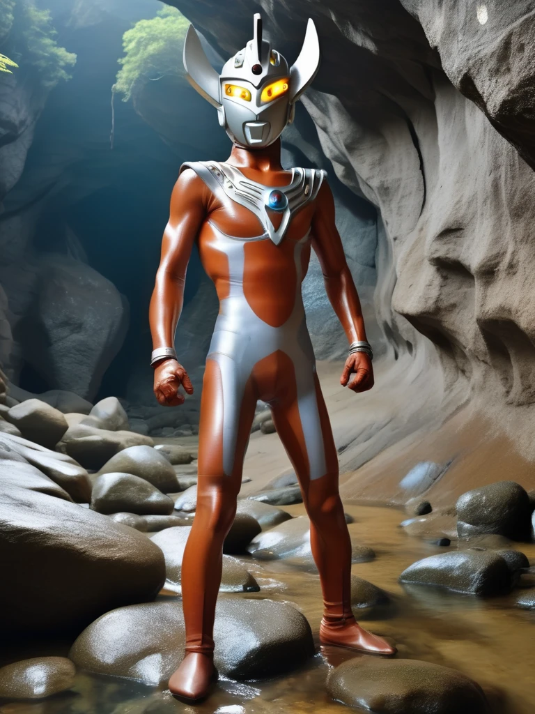 photo realistic,Ultraman Taro is caught in a cave and stands naked in white underwear,slim body,tall,long limbs,helmet only,