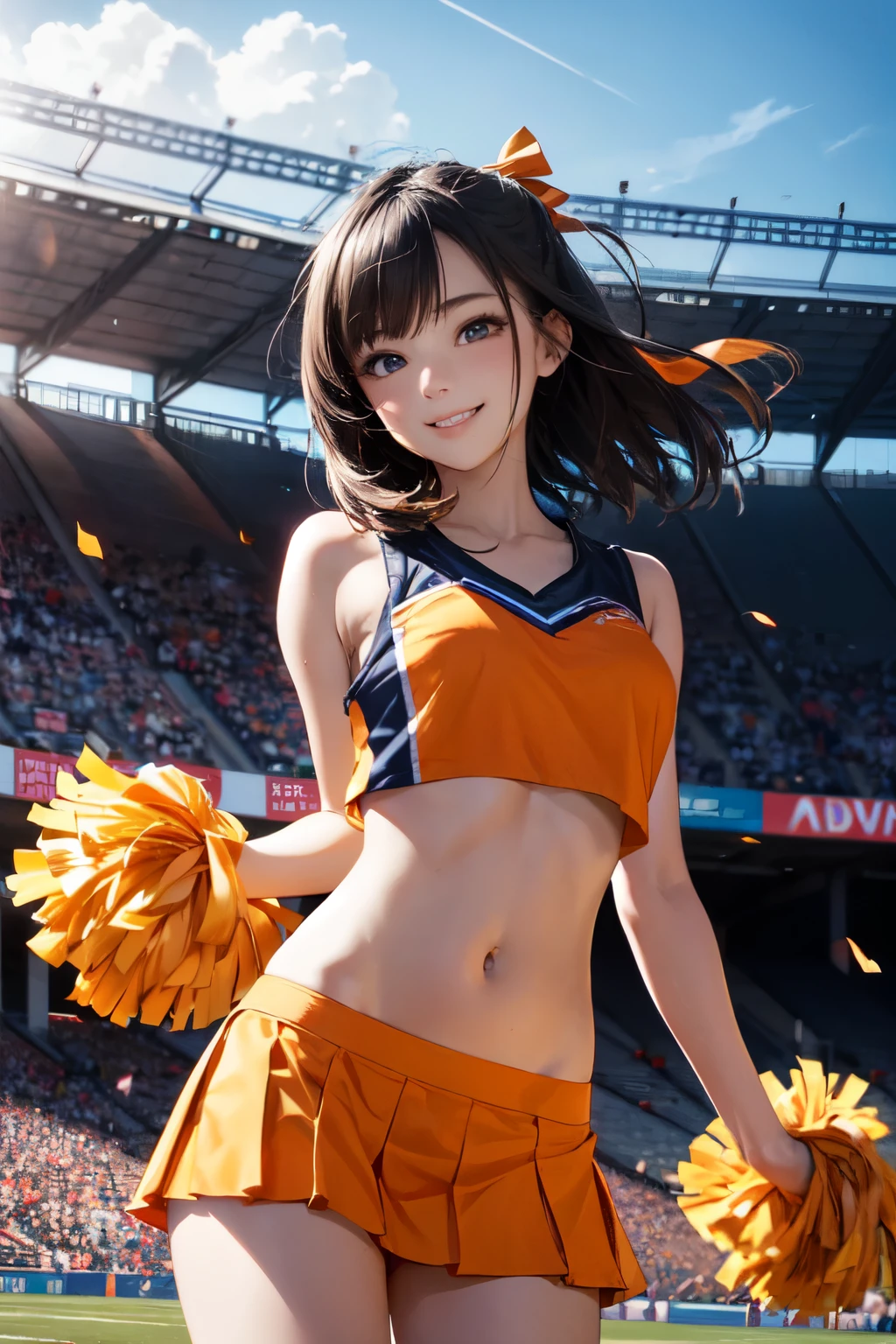 very cute and beautiful cheerleader girl,(highly detailed beautiful face and eyes),(holding pom poms:1.1),(smile:1.3),happy,
(stadium stands),cowboy shot,dynamic pose,(sleeveless orange cheerleader shirt),beautiful legs,
looking at viewer,black hair,hair band,
(best quality,masterpiece),absurdres,highres,ultra-detailed,extremely detailed,32k,8k resolution,
intricate details,cinematic scene,detailed background,solo,dynamic angle, hair fluttering in the wind,beautiful detailed sky,