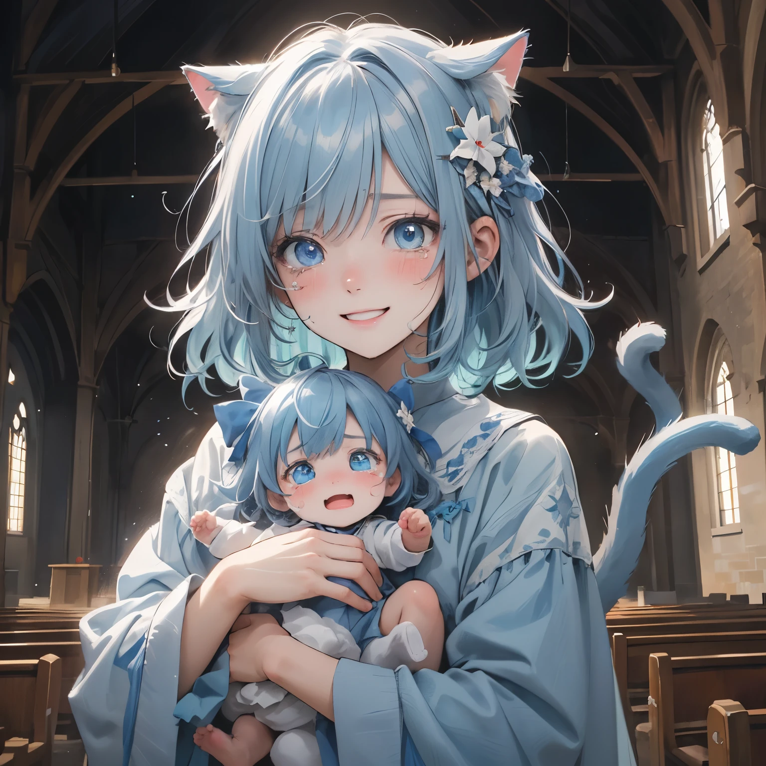 (masterpiece), Highest quality, Ultra-high resolution,Cat wearing a light blue ribbon、Light blue hair、Light blue eyes、Light blue clothes、smile、(Laughing and holding a crying baby:1.3)、Background Church