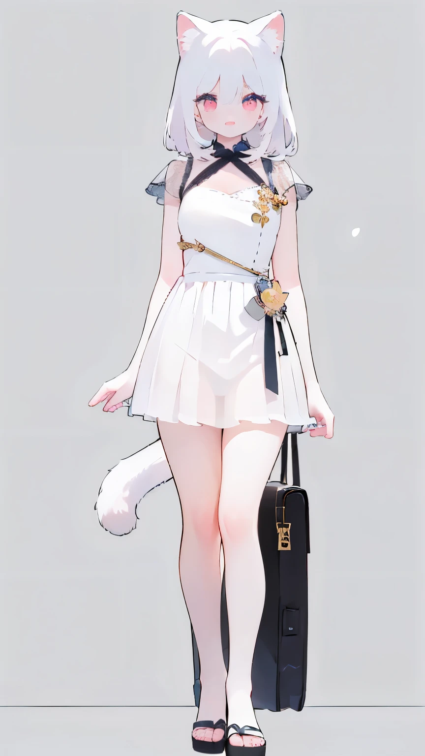 with one's chest in front of one's head,Tsundere 18 year old girl, beautiful and delicate eyes, beautiful lips, very detailed 눈과 얼굴, long eyelashes, 1girl, white cat ears, foot long bag, Front view, Red-eye, (top quality, 4K, 8K, high resolution, masterpiece:1.2), very detailed, (realistic인, realistic인, realistic인, realistic인, realistic: 1.37), very large breasts, elegant, fantasy, white background, I can see my armpits, white hair,