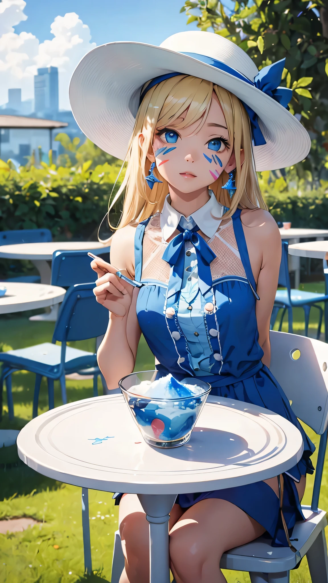 最high quality、Best image quality、masterpiece、With a girl((cute、15 years old、Best Bust、Medium Bust、Bust 85,Beautiful Blue Eyes、Spread your chest wide,Blonde lointail、Slender、The best valley、、Blue sleeveless shirt、White shorts,Show the whole body、Blue Mesh,Leaning forward greatly、Blue hat、Blue Intercom,Face Paint))high quality、Beautiful art、background((summertime、White table、White chair、shaved ice、)),Tabletop、Exquisite design、Visual Arts、Depth of written boundary、Best lighting、Highest detail、8k