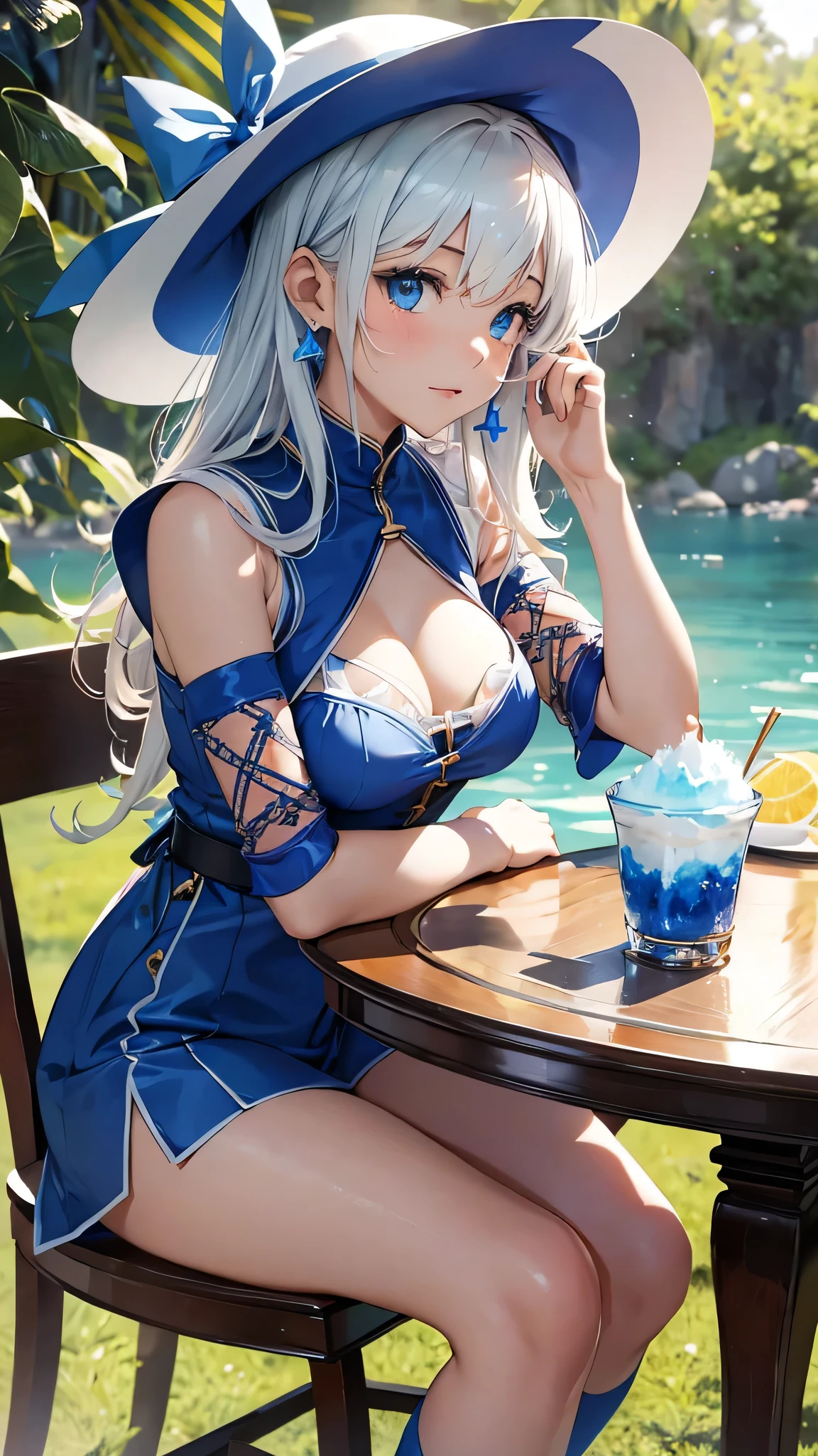 最high quality、Best image quality、masterpiece、With a girl((cute、、Best Bust、Medium Bust、Bust 85,Beautiful Blue Eyes、Spread your chest wide,Blonde lointail、Slender、The best valley、、Blue sleeveless shirt、White shorts,Show the whole body、Blue Mesh,Leaning forward greatly、Blue hat、Blue Intercom,Face Paint))high quality、Beautiful art、background((summertime、White table、White chair、shaved ice、)),Tabletop、Exquisite design、Visual Arts、Depth of written boundary、Best lighting、Highest detail、8k