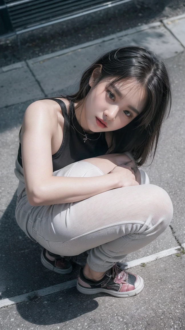 21yo girl, gray hair, (outschool:1.5), (looking up), (squat in up of viewer:1.6), (angle from above:1.8), natural medium breast, plump body,single sidelock hairpin blush, modern cinematic lighting, ray tracing, drop shadow wide shot UHD, textured skin, high details, best quality 4K, squat pose, setup face, sad, Grunge style create a photo realistic image that the viewer has never envisioned before,the image should demonstrate extreme creativity,imaginative,bold,inspiring,original in subject,original in style,amazing composition,intricately detailed,absurdly complex.
