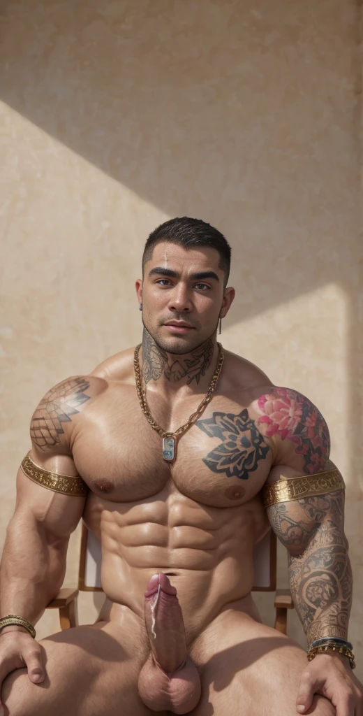 (masterpiece, intricately detailed, highest resolution, best quality:1.2), (doujin), a cocky thai Instagram influencer, buzz cut, a 36 y.o muscle dom with a muscular physique sitting on a chair with blue eyes,ntattoo, ((neckline_tattoo)), dark-skinned male, clean shaven, wearing a ((open jacket, big chains, chav, armbands)), ((excessive cum)) ((cum on body)) (cum drip), flaccid penis,saggy balls,hairy chest,vascular,muscle striations,soft light,fantastic realism, colth, hdsrmr